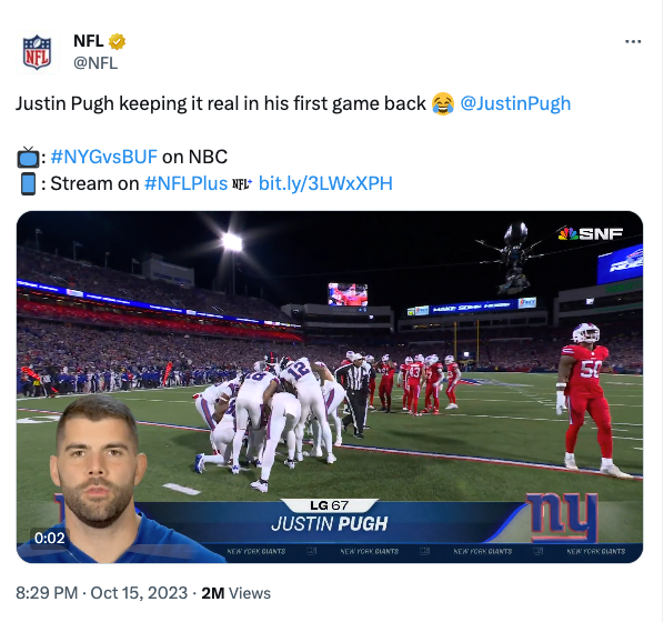 Justin Pugh on the NFL Sunday Night Football broadcast